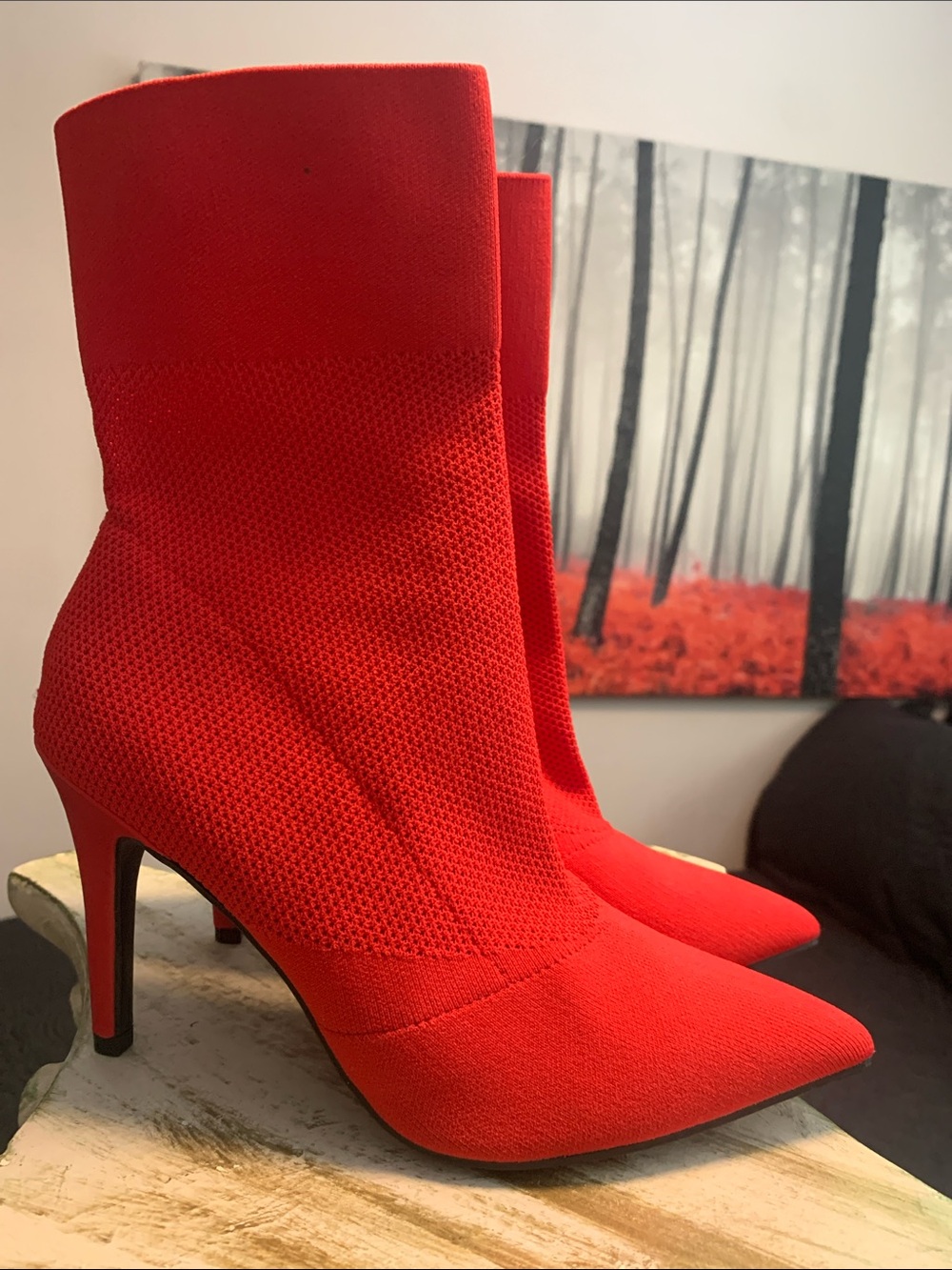 Red Pointed Toe Knit Sock Booties for Women